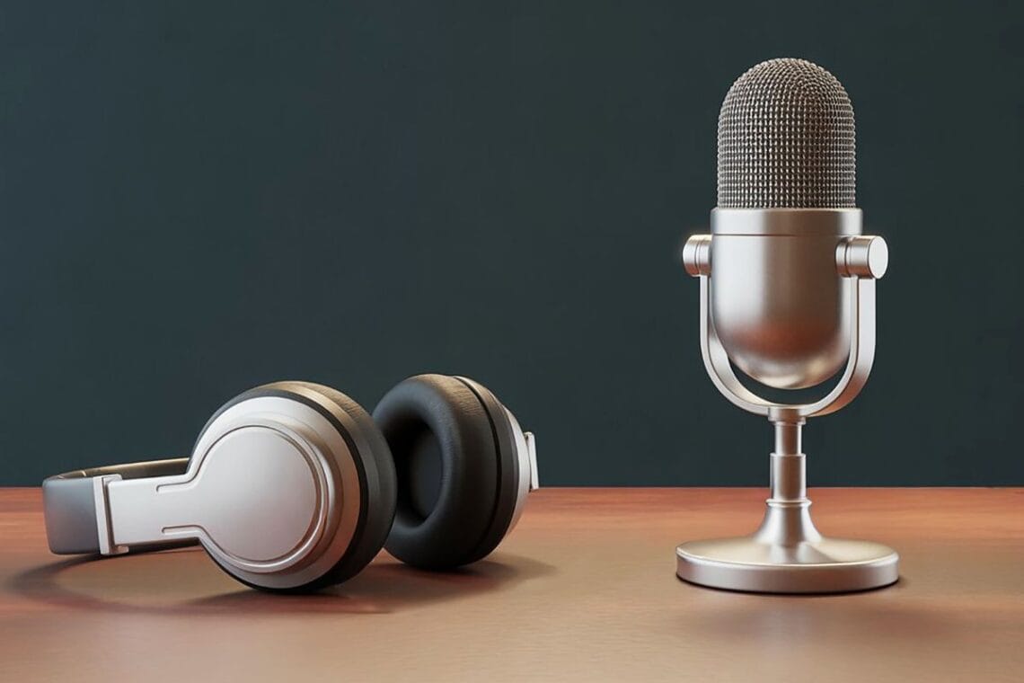 podcast microphone and headphones on desk