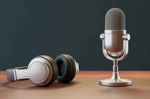 podcast microphone and headphones on desk
