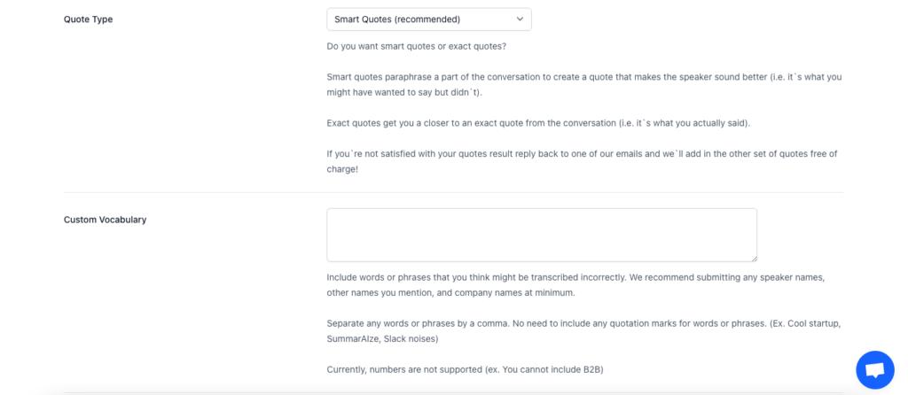 Screenshot of SummarAIze upload screen showing selection of quote type and custom vocabulary