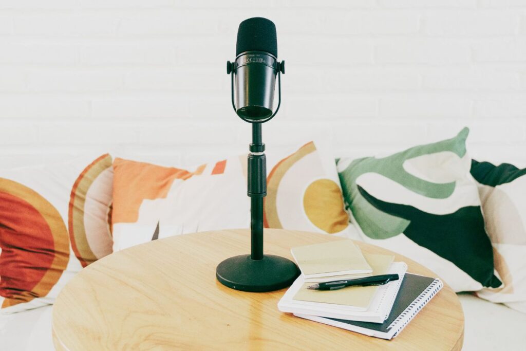 Podcast microphone on coffee table