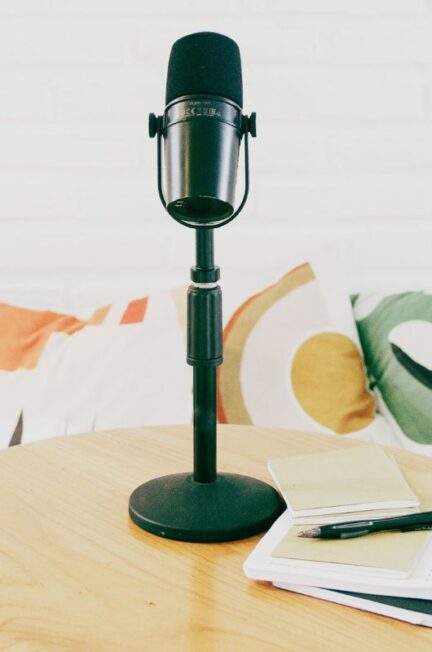 Podcast microphone on coffee table