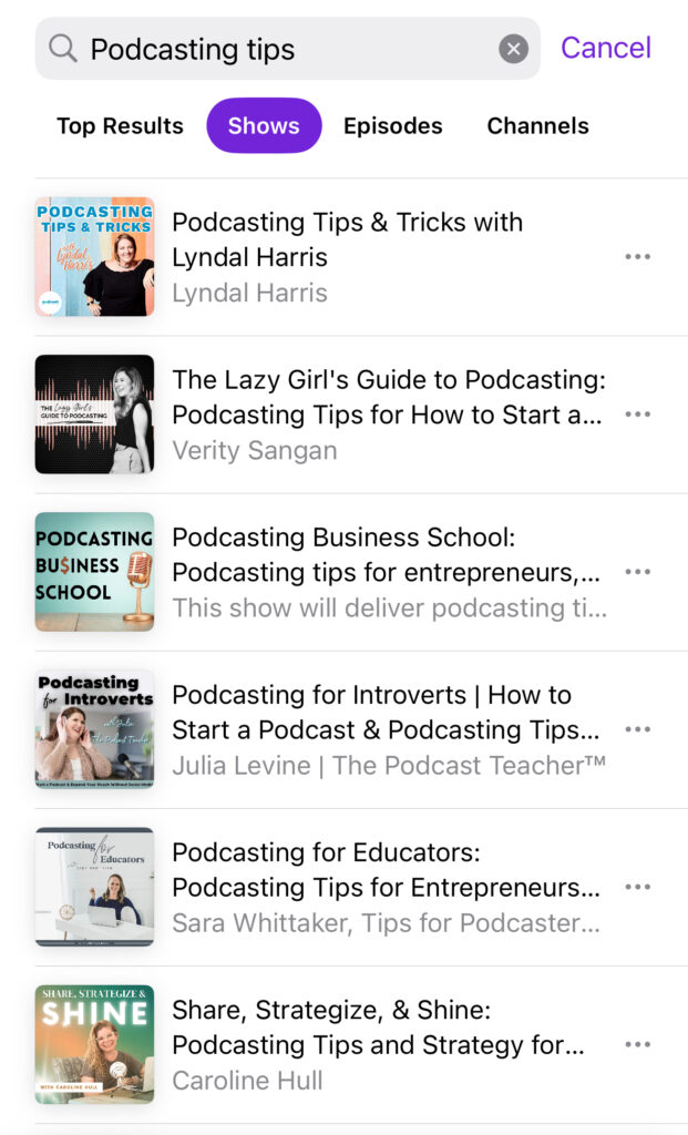 podcasting tips keyword typed into Apple Podcasts and showing The Lazy Girl's Guide to Podcasting as the second show suggestion for this keyword