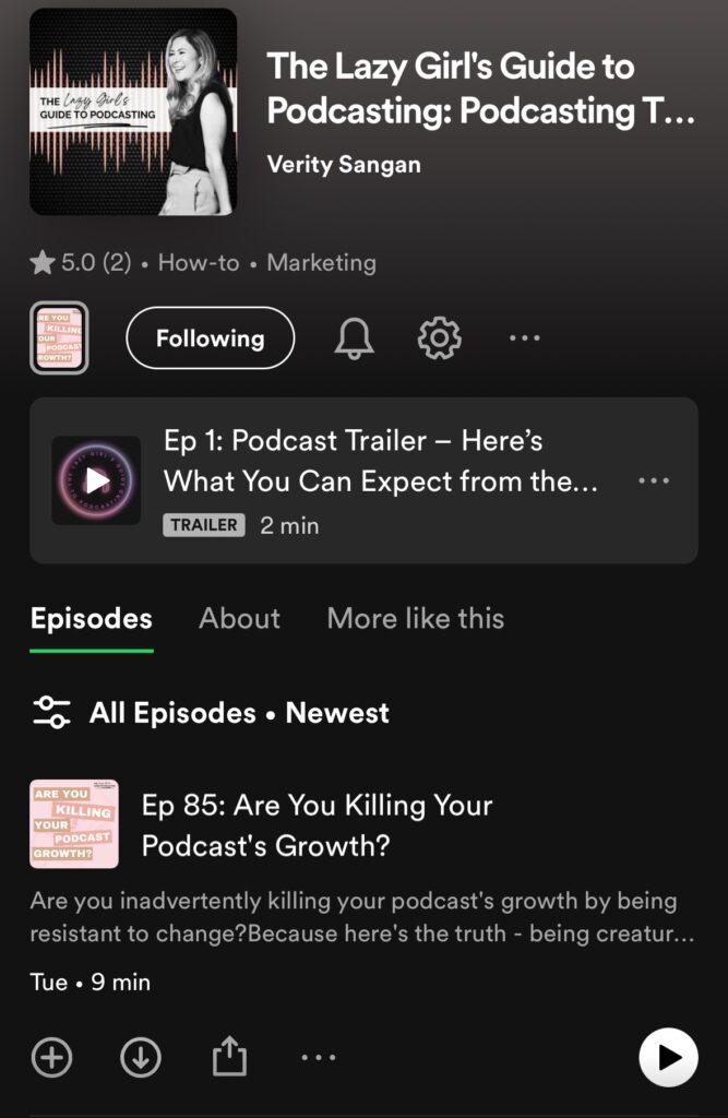 Screenshot of Spotify showing the podcast trailer at the top of the episode list when clicking onto a podcast