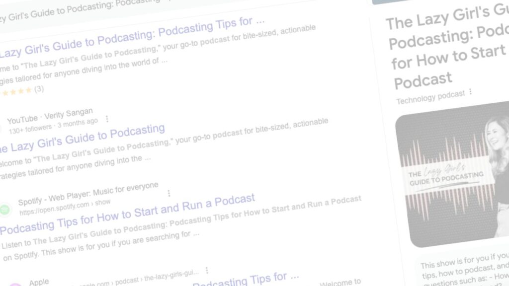 Google search results for The Lazy Girl's Guide to Podcasting