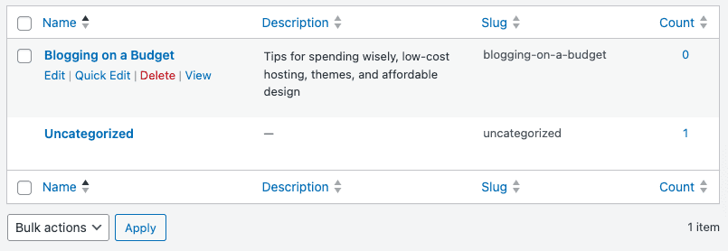 Screenshot of added blog post category