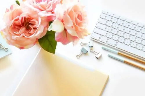 flowers and keyboard on desk