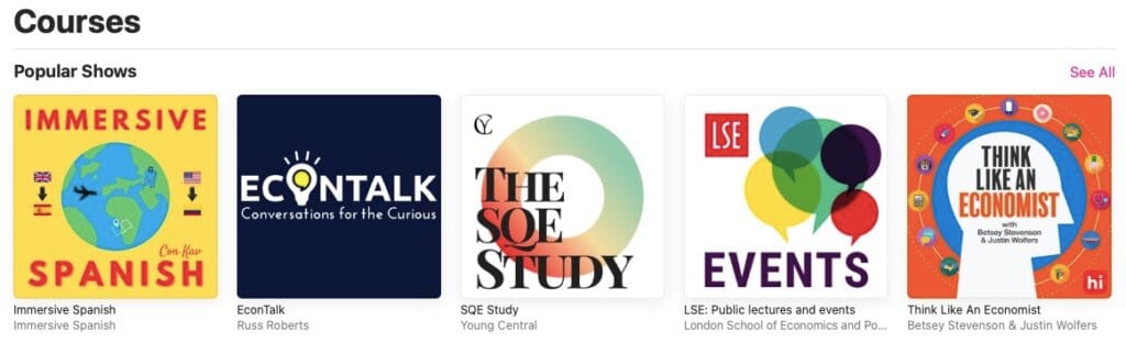Screenshot of podcasts available in the Courses category of Education Podcasts on Apple Podcasts.