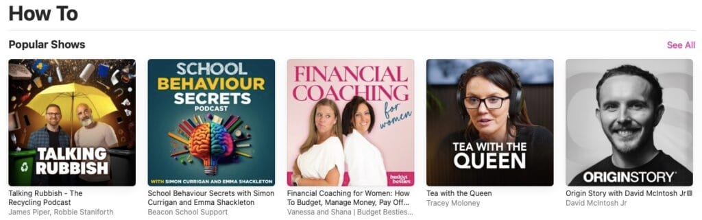 Screenshot of podcasts available in the How To category of Education Podcasts on Apple Podcasts.
