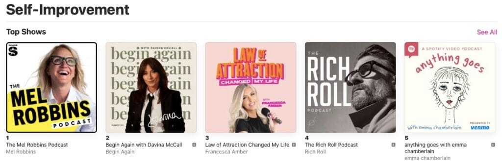 Screenshot of podcasts available in the Self-Improvement category of Education Podcasts on Apple Podcasts.