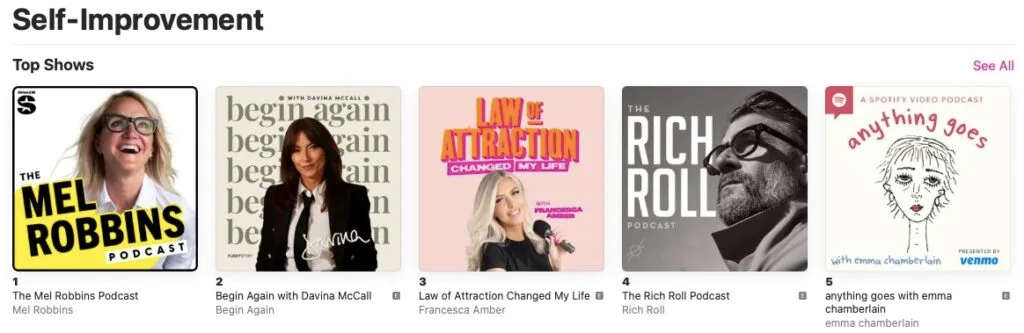 Screenshot of podcasts available in the Self-Improvement category of Education Podcasts on Apple Podcasts.