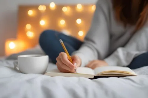 female writing in a notebook with a cup of tea
