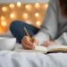 female writing in a notebook with a cup of tea
